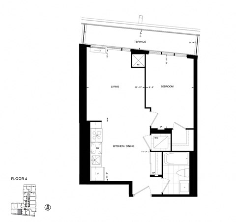 Floor plan for 1 bed, 1 bath, 572 sqft